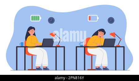 Voller und leerer Akku eines arbeitenden Büromitarbeiters Stock Vektor