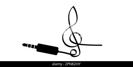 Symbol für Cartoon-Musik-Note-Stecker. Musikalische Note, Tonspur. Flacher Vektor zeichnet Wellenzeichen auf. Audio-Klinkenstecker, 35 mm. Stereo-Audiokabel. Verbinden Sie Concep Stockfoto