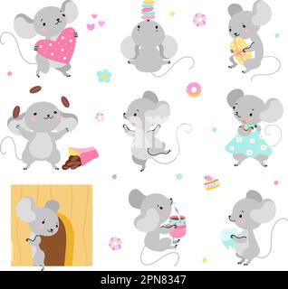 Lustige Zeichentrickmaus, die spielt und schläft. Mäuse bezaubernde Figuren in verschiedenen Posen. Komische Ratten, die verschiedene Dinge tun, kindischer Vektor heutzutage Stock Vektor