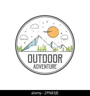 Strichgrafik Adventure Logo-Vorlage Vektor eps 10. Schlichtes Vintage-Logo. Outdoor-Abenteuer-Line-Kunstszene, Wanderlandschaft. Aktienvektorabzeichen. Stock Vektor