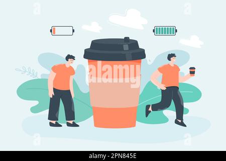 Winziger Geschäftsmann schläfrig vor dem Kaffee und energiegeladen nach dem Kaffee Stock Vektor