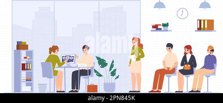 Vorstellungsgespräch, Rekrutierung und Schlange junger Mitarbeiter im Unternehmen. Der Manager der modernen Büroangestellten sprach mit einem Typen. Professionelle, kuschelige Vektorszene Stock Vektor