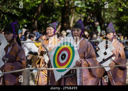 Kamakura, Japan. 16. April 2023. Yabusame-Ziele (japanische Reitbogenschießen) werden vor Beginn der Veranstaltung in die Wettkämpfe gebracht. Zum ersten Mal nach 4 Jahren kehrt das Kamakura Festival zurück, und damit auch das Yabusame-Turnier (japanisches Bogenschießen). Yabusame ist eine Sportveranstaltung, deren Ursprünge bis 300 v. Chr. (Jomon-Zeit) zurückreichen. Zuerst zu Fuß, dann aus dem 4. Jahrhundert, begannen die Konkurrenten, Pferde zu benutzen. Ursprünglich schossen die Bogenschützen in Duellen aufeinander. Heute werden Ziele verwendet. Kredit: SOPA Images Limited/Alamy Live News Stockfoto