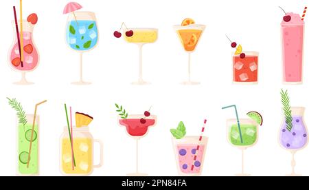 Sommergetränke Cocktails, süßes Obst und alkoholische frische Getränke. Strand- oder Poolparty, Restaurant- oder Barelemente. Mojito und Tonic Snugly Vector Set Stock Vektor