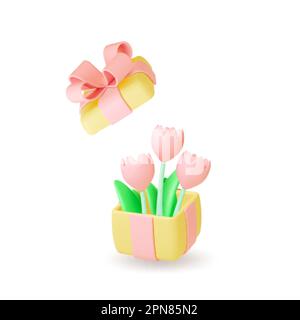 Tulpen in Geschenkbox, 3D isolierte Zusammensetzung. Blumenstrauß, Geburtstagsgeschenk, Jubiläum, Feiertag. Blumenrendering, blühendes Vektorelement Stock Vektor