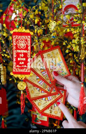 Asiatische Frau mit roten Umschlägen ( hongbao ) zur chinesischen und vietnamesischen Neujahrsfeier. Rot ist ein Glückssymbol. Frankreich. Stockfoto