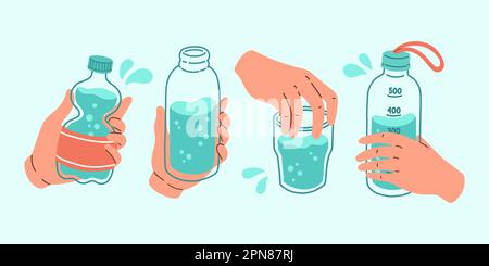 Mehr Wasser trinken, Darstellung des H2O-Vektors. Cartoon-Wasserflaschen. Sport und Glasflasche und Gläser mit Flüssigkeiten. Stock Vektor