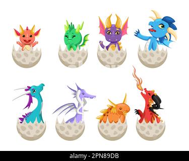 Baby-Drachen-Figuren in rissigen Eiern-Vektorbildungs-Set Stock Vektor