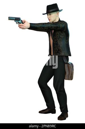 Junger Mann mit Tasche und Pistole im Hut, 3D-Rendering Stockfoto