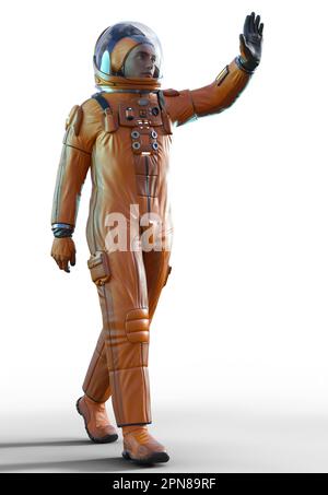 astronaut in einem orangefarbenen Anzug auf weißem Hintergrund, 3D-Rendering Stockfoto