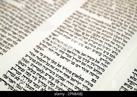 Nahaufnahme des traditionellen Torah-Scrollbuchs. Stockfoto