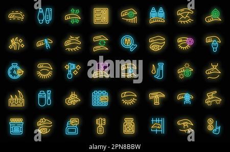 Symbole zur Korrektur von Augenbrauen legen den Konturvektor fest. Stirnbürste. Neonfarbe auf Schwarz Stock Vektor