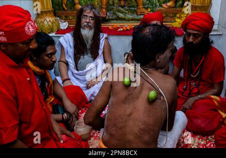 Charak Puja ist eines der traditionellen religiösen Festivals. In diesem Puja hängt er am Charakbaum mit einem Barashi um den Rücken gebunden. Stockfoto