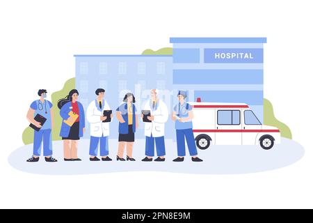 Ärzte und Krankenschwestern stehen in der Nähe von Krankenhausgebäude und Auto Stock Vektor