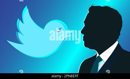 Silhouette von Elon Musk vor blauem Banner mit Twitter-Logo im Hintergrund. Elon Musks Porträt und Twitter-Logo Stock Vektor