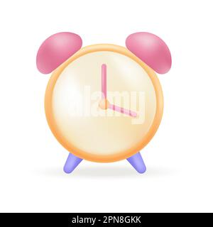 Gelber Wecker mit Glocke, rotem Stundenzeiger- und Minutenzeigersymbol 3D Stock Vektor