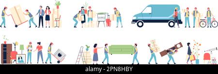 Leute ziehen in ein neues Zuhause. Paare mit Kisten, Wohnungen kaufen und Umsiedlungsverfahren. Möbelcontainer und Logistik, aktuelle Vektorszenen Stock Vektor