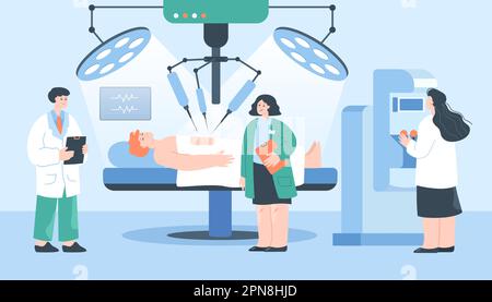 Roboter, der eine Operation mit menschlichem Flachvektor durchführt Stock Vektor