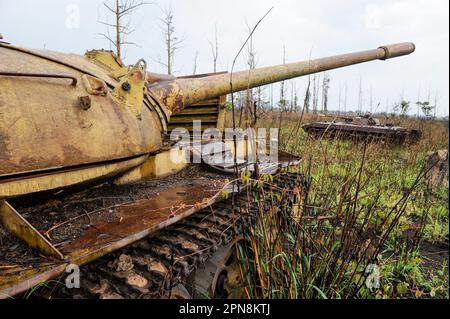 ANGOLA, Kwanza Sul, der alte sowjetische Kampfpanzer T-54 und der gepanzerte Personentransporter BMP-1 aus dem Bürgerkrieg zwischen der MPLA und der UNITA bei Quibala gibt es in einigen Gebieten noch Landminen, die die Landwirtschaft unmöglich machen / ANGOLA, Wrack eines sowjetischen Panzer T-54 und Schützenpanzer BMP-1 aus dem Buergerkrieg 1975 - 2002 zwischen MPLA und UNITA bei Quibala, einige Landstriche sind immer noch noch und lassen keine Landwirtschaft zu Stockfoto