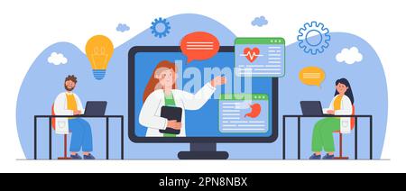 Ärzte schauen online medizinisches Webinar Flachvektordarstellung Stock Vektor