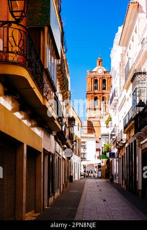 Die sehr berühmte Sevilla Straße in der Stadt Zafra, im Hintergrund der Glockenturm der Kirche La Candelaria. Zafra, Badajoz, Extremadura, Spa Stockfoto