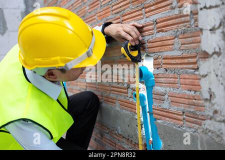 Junger asiatischer Ingenieur in Ingenieuruniform und Helm auf der Baustelle mit einem Maßband zur Präzisionsmessung. 30s professioneller Vorarbeiter, der am Arbeitsplatz am Strukturbau arbeitet Stockfoto