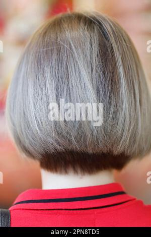 Junge, schöne Frau mit kurzen Haaren. Rückansicht. Singapur. Stockfoto