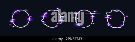 Glitch-Kreis-Rahmen. Neonkreise tv Pixel Verzerrung Effekte, beleuchtete runde zerstörte Form für Spielrahmen, Retro 80s futuristische Technologie digitale Vektordarstellung von Neoneffekt Glitch Stock Vektor
