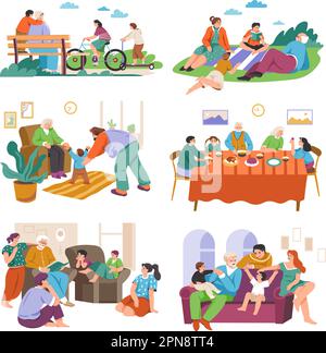 Großeltern verbringen Zeit. Alte Rentner mit Familie, die im Park spazieren gehen, Enkel spielen oder Geburtstagsparty feiern, glückliche Großeltern Vektorzeichnung von Großmutter und Großvater Stock Vektor