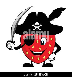 Der Cartoon-Charakter von Strawberry als Pirat. Geeignet für Poster, Banner, Web, Icon, Maskottchen, Hintergrund Stock Vektor