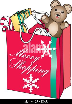 Merry Christmas Shopping-Tasche gespeichert als Illustrator 8,0. Die Geschenke in der Tasche sind vollständig ausgeschenkt, können separat verwendet oder ersetzt werden. Stock Vektor