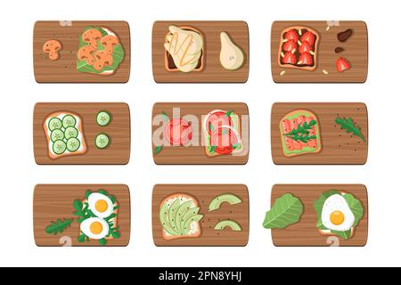 Schneidebretter mit Toastzutaten Zeichentrickset Stock Vektor