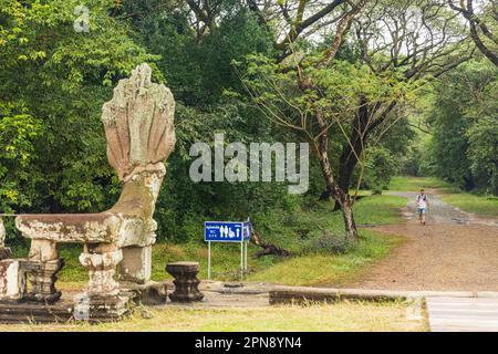 SIEM REAP, KAMBODSCHA - 11. JANUAR 2023: Schild, das zu einer der Toiletten führt, kostenlos für Touristen am Angkor Wat Tempel. Stockfoto