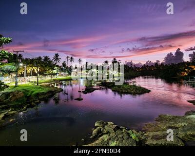 Wunderschöner Strand von Imbassai mit Palmen bei Sonnenuntergang, Bundesstaat Bahia in Brasilien. Stockfoto