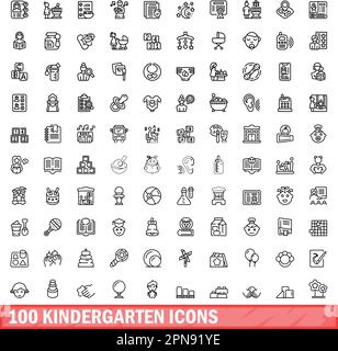 100 Kindergarten-Ikonen-Set. Umrissdarstellung von 100 Kindergarten-Symbolen Vektorsatz isoliert auf weißem Hintergrund Stock Vektor