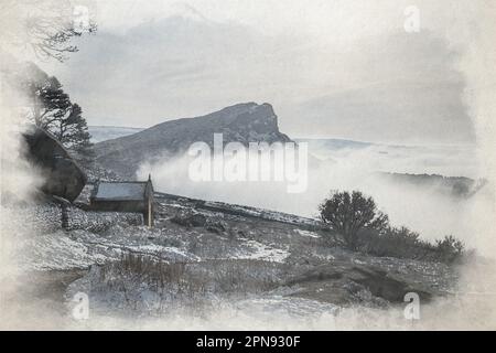 Temperaturinvertierung digitale Aquarellmalerei der Kakerlaken bei Sonnenaufgang im Winter im Peak District National Park, Großbritannien. Stockfoto