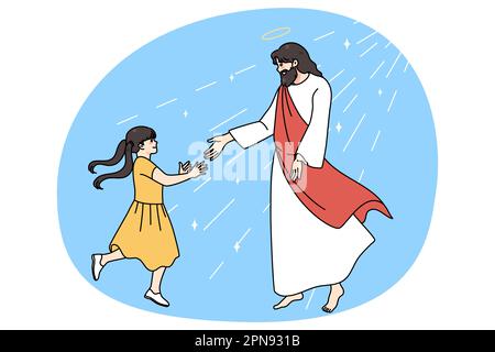 Liebevolle Jesus Strecke Hand treffen lächelnde kleine Mädchen Kind zeigen Pflege. Vater Christus mit kleinem Kind demonstrieren Unterstützung. Glauben und Religion Konzept. Gläubiger des Christentums. Flache Vektorgrafik. Stock Vektor