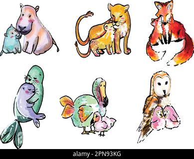 Handgezeichnetes Aquarell-Set mit 6 Paar liebevollen, liebenswerten, liebenswerten Tieren. Eulen, Nilpferd, Fuchs, Löwe, Robben, Dodovogel. Stock Vektor