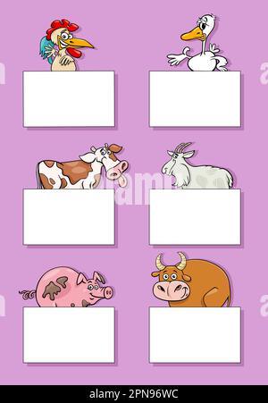 Zeichentrickfilm mit lustigen Bauernhoftieren mit leeren Karten oder Bannern Stock Vektor