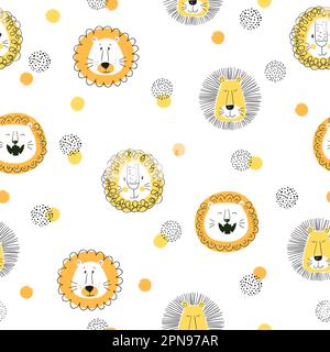 Seamless cute cartoon lion pattern. Vector doodle illustration Stock Vektor