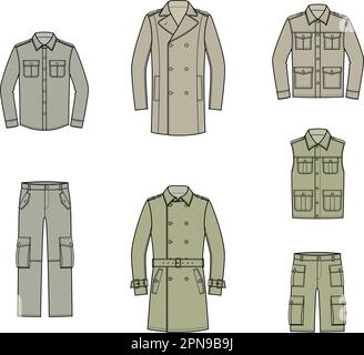 Militärkleidung für Herren. Mode-CAD. Stock Vektor