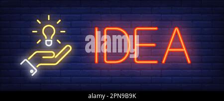 Idea Neon Text mit Glühbirne in der Hand Stock Vektor