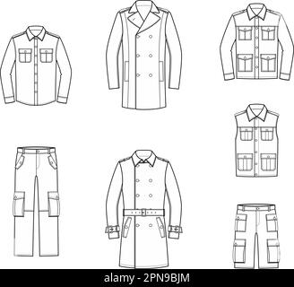 Militärkleidung für Herren. Mode-CAD. Stock Vektor