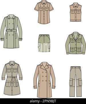 Damen Militärkleidung. Mode-CAD. Stock Vektor