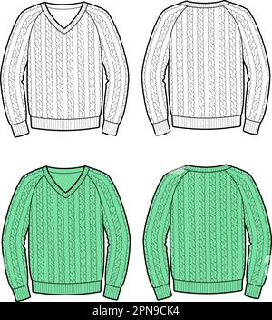 Strickpullover mit Zopfmuster für Herren. Vorne und hinten. Stock Vektor