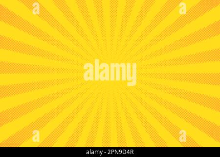 Gelber Comics-Hintergrund. Hintergrund für abstrakte Linien. Helle Sonnenstrahlen. Gestaltungsrahmen für das Titelbuch. Strukturierte explosive Polka. Strahlbewegung. Musterbewegung Stock Vektor