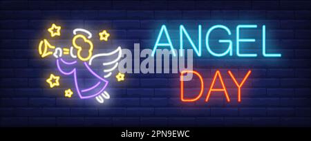 Angel Day Neon Text mit einem Kind, das fliegt und Trompete bläst Stock Vektor