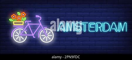 Amsterdam Neon Text, Fahrrad mit Blumen auf Gepäckträger Stock Vektor