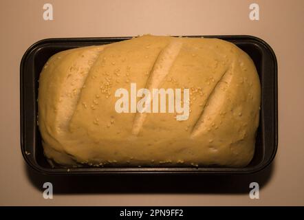 Hausgemachtes Hefebrot aus Weißmehl in einer quadratischen Auflaufform. Der Brotteig ist aufgewachsen, der Brotteig ist bereit zum Backen. Welt hausgemachte Speisen Stockfoto