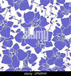 Nahtloses Muster großer blauer Orchideensilhouetten auf weißem Hintergrund, Struktur, Design Stockfoto